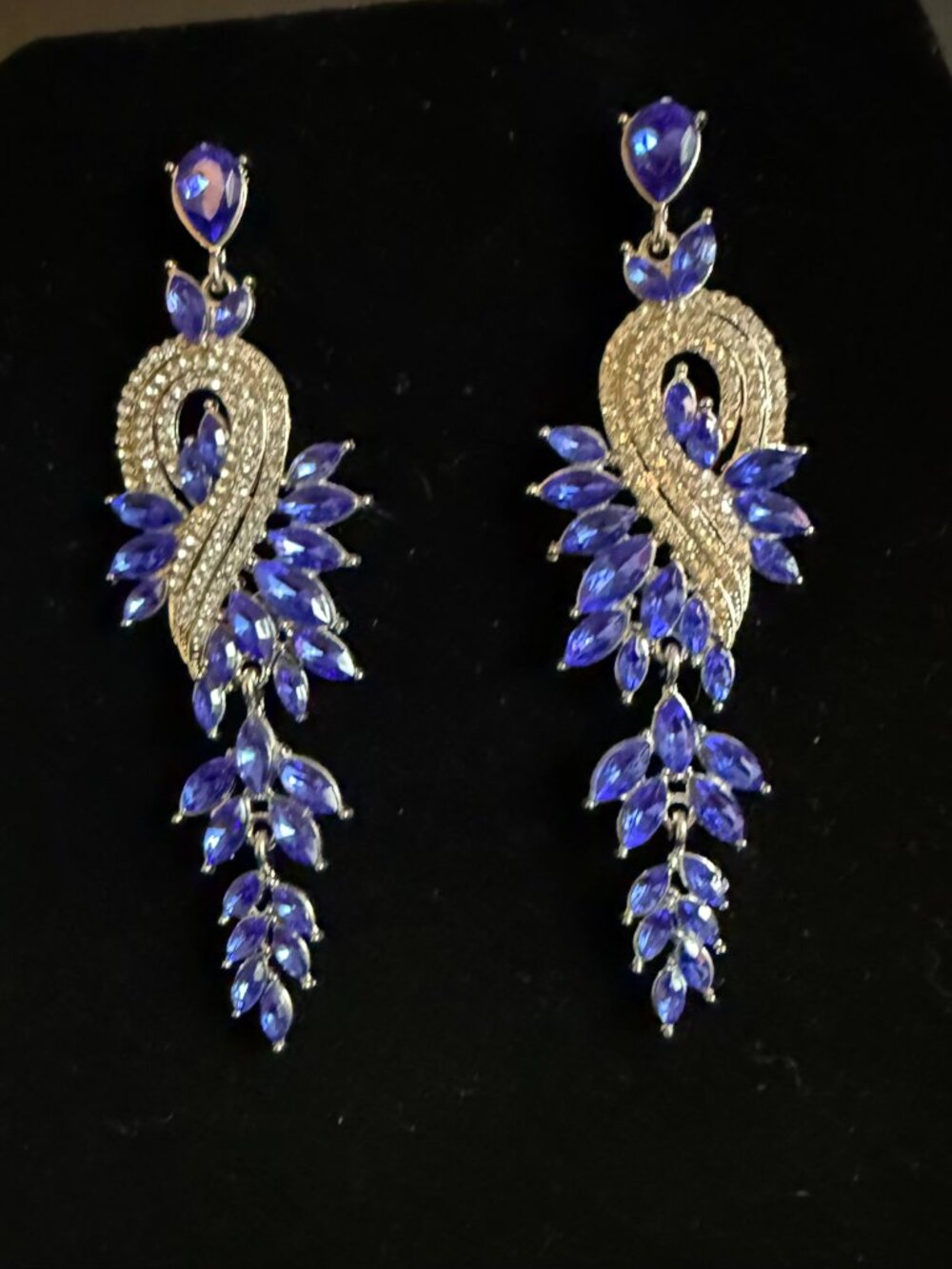 Silver-Toned Cascading Pierced Earrings w/Clear & Blue Rhinestones - Picture 3 of 3